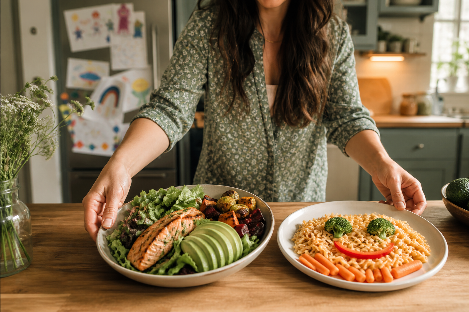 Two keto-friendly plates of salmon and vegetables in a home kitchen